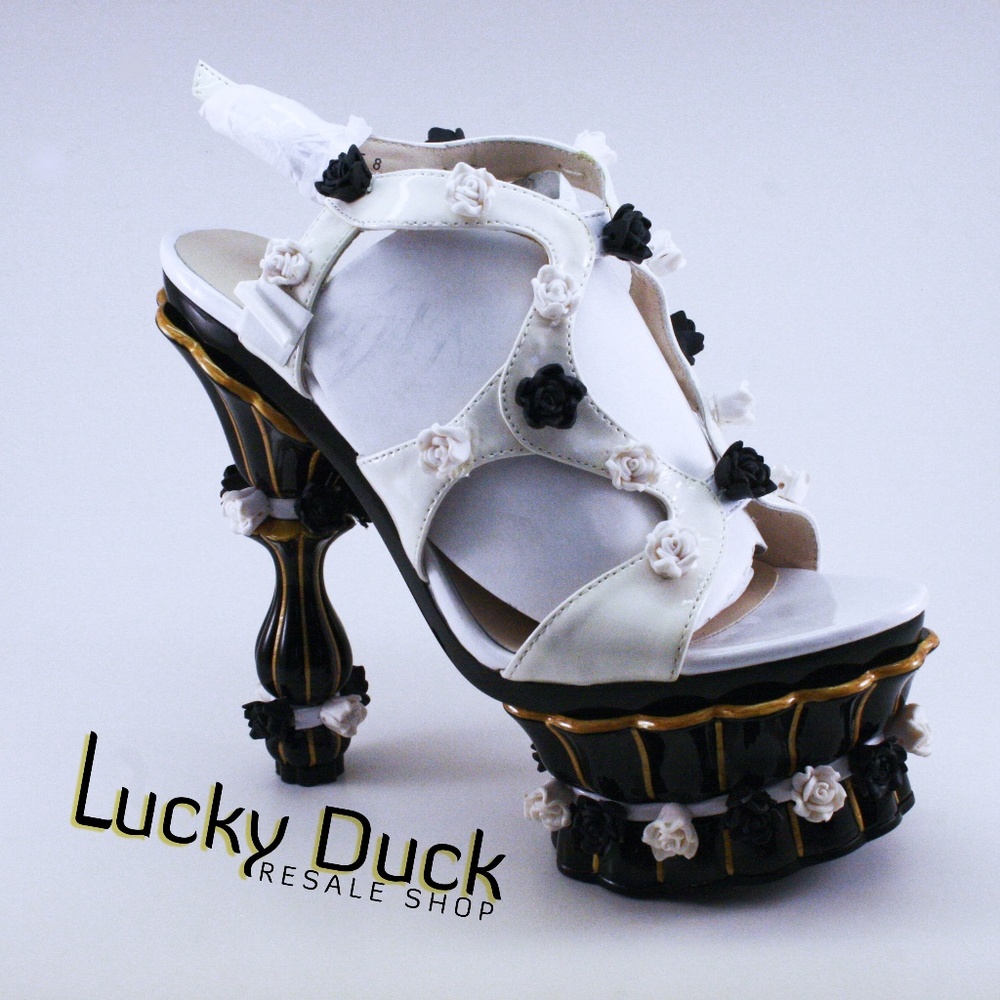 Bakers Elite Flower Black White Gold High Heels